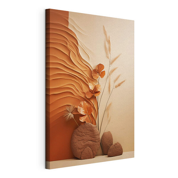 Canvas Schilderijen Bruine en witte muur met bruine en witte golven en bloemen