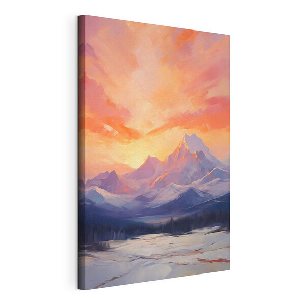 Canvas Schilderijen Schilderij van een bergketen met een meer en bomen