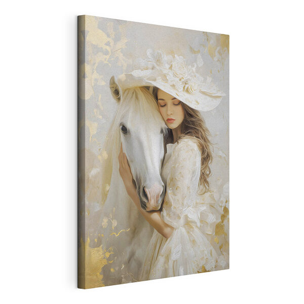 Vrouw in een witte jurk en hoed die een paard omhelst Canvas Schilderijen Vrouw in een witte jurk en hoed die een paard omhelst