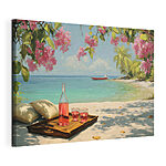 Canvas Schilderijen Dienblad met glazen en een fles met vloeistof op het strand