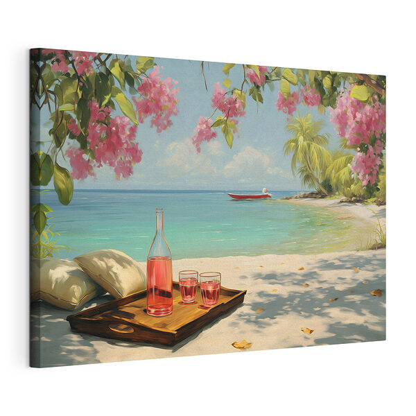 Dienblad met glazen en een fles met vloeistof op het strand Canvas Schilderijen Dienblad met glazen en een fles met vloeistof op het strand