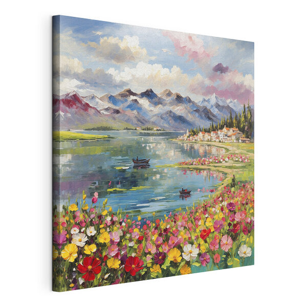 Schilderij van een meer met bloemen en bergen op de achtergrond Canvas Schilderijen Schilderij van een meer met bloemen en bergen op de achtergrond