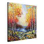 Canvas Schilderijen Schilderij van een rivier met bomen en bladeren