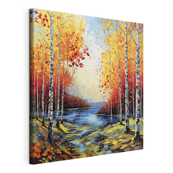 Schilderij van een rivier met bomen en bladeren Canvas Schilderijen Schilderij van een rivier met bomen en bladeren