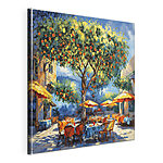 Canvas Schilderijen Schilderij van een sinaasappelboom met tafels en stoelen onder een sinaasappelboom