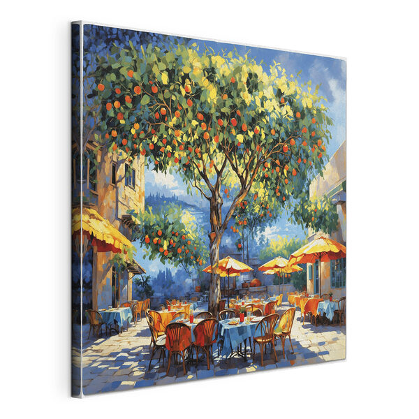 Schilderij van een sinaasappelboom met tafels en stoelen onder een sinaasappelboom Canvas Schilderijen Schilderij van een sinaasappelboom met tafels en stoelen onder een sinaasappelboom