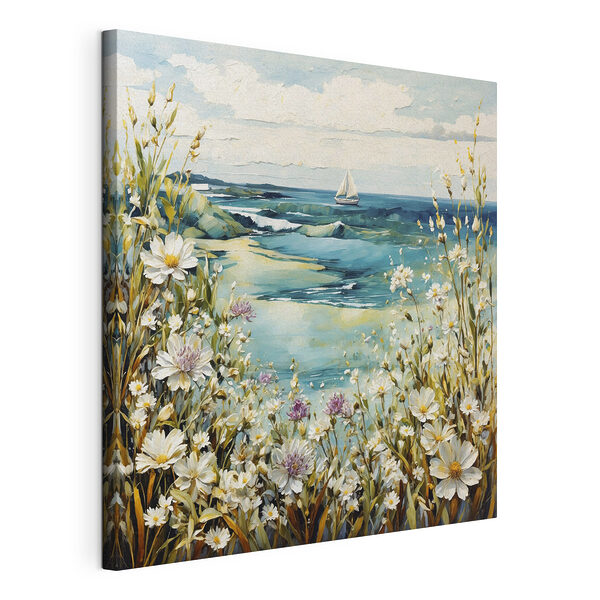 Canvas Schilderijen Schilderij van bloemen en een waterpartij