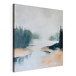 Canvas Schilderijen Schilderij van een rivier met bomen en mist