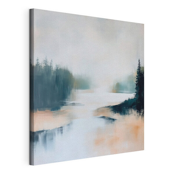 Canvas Schilderijen Schilderij van een rivier met bomen en mist