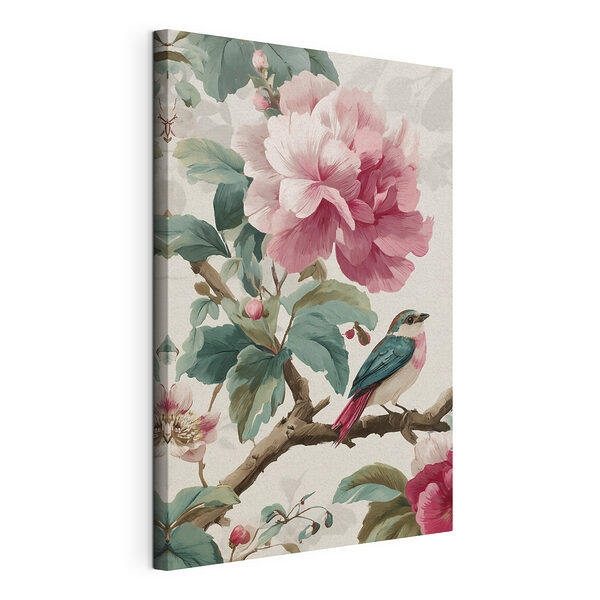 Canvas Schilderijen Vogel op een tak met bloemen