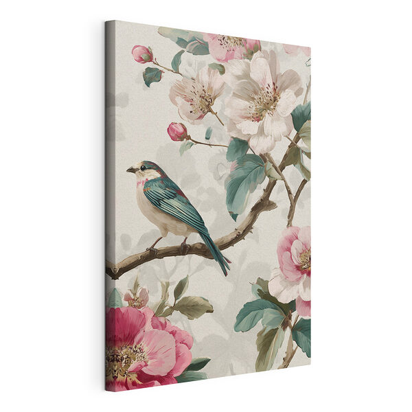 Canvas Schilderijen Vogel op een tak met bloemen