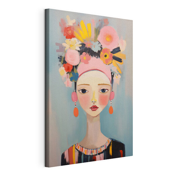 Schilderij van een vrouw met bloemen in haar haar Canvas Schilderijen Schilderij van een vrouw met bloemen in haar haar