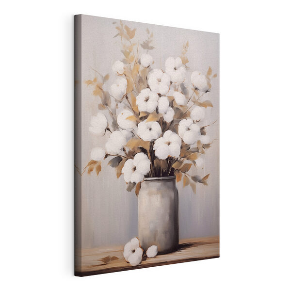 Canvas Schilderijen Schilderij van katoenbloemen in een vaas