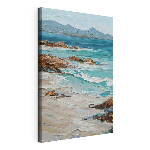 Schilderij van een strand met rotsen en water Canvas Schilderijen Schilderij van een strand met rotsen en water