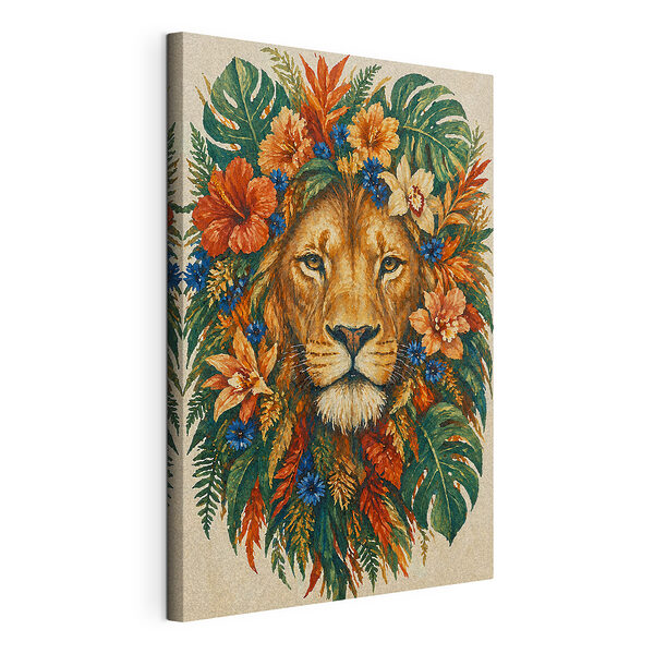 Canvas Schilderijen Schilderij van een leeuw met bloemen