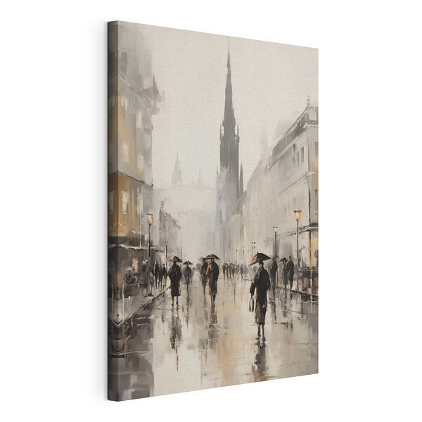 Schilderij van mensen die met paraplu’s over straat lopen Canvas Schilderijen Schilderij van mensen die met paraplu’s over straat lopen