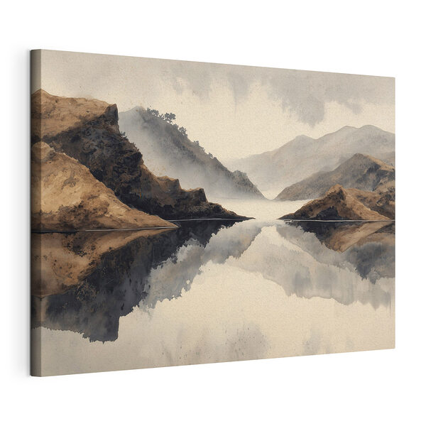 Water met bergen en mist Canvas Schilderijen Water met bergen en mist