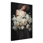 Canvas Schilderijen Vrouw met een groot boeket bloemen in haar handen
