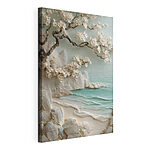 Canvas Schilderijen Schilderij van een strand met witte bloemen en een boom