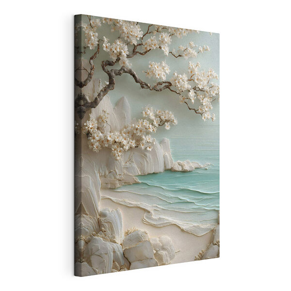 Schilderij van een strand met witte bloemen en een boom Canvas Schilderijen Schilderij van een strand met witte bloemen en een boom