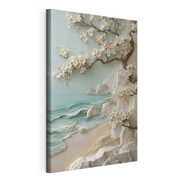 Canvas Schilderijen Boom met witte bloemen op een strand