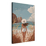 Canvas Schilderijen Vrouw in zwemkleding en met een hoed op, lopend over het strand
