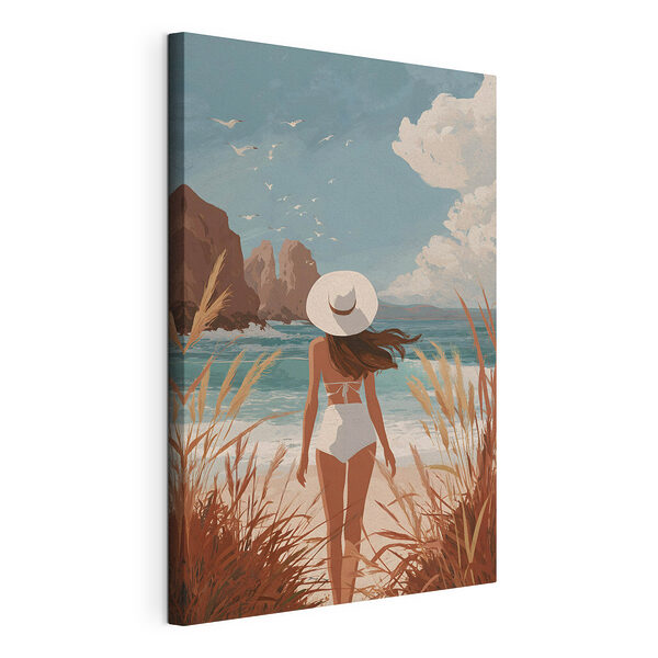 Vrouw in zwemkleding en met een hoed op, lopend over het strand Canvas Schilderijen Vrouw in zwemkleding en met een hoed op, lopend over het strand