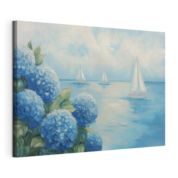 Schilderij van bloemen en zeilboten in het water Canvas Schilderijen Schilderij van bloemen en zeilboten in het water
