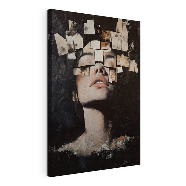 Canvas Schilderijen Vrouw met veel vierkante stukjes papier over haar gezicht