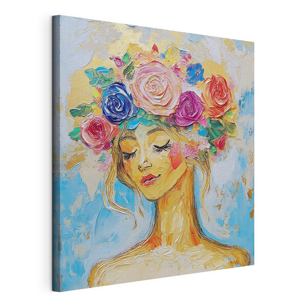 Schilderij van een vrouw met bloemen in haar haar Canvas Schilderijen Schilderij van een vrouw met bloemen in haar haar