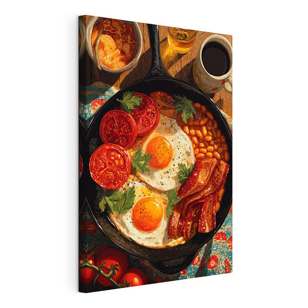 Een pan met een gerecht van eieren, spek, bonen en tomaten Canvas Schilderijen Een pan met een gerecht van eieren, spek, bonen en tomaten