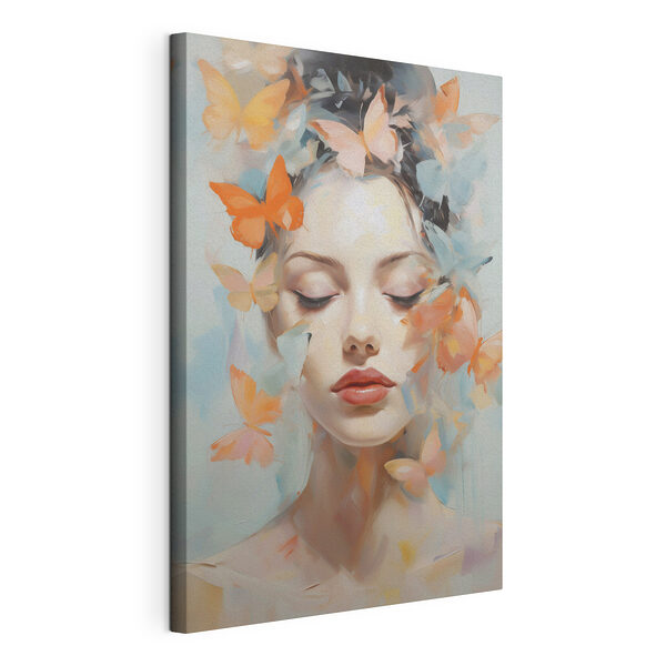 Vrouw met vlinders rond haar gezicht Canvas Schilderijen Vrouw met vlinders rond haar gezicht