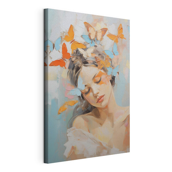 Schilderij van een vrouw met vlinders in haar haar Canvas Schilderijen Schilderij van een vrouw met vlinders in haar haar