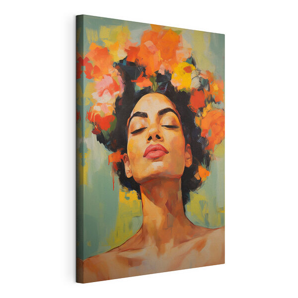 Schilderij van een vrouw met bloemen in haar haar Canvas Schilderijen Schilderij van een vrouw met bloemen in haar haar