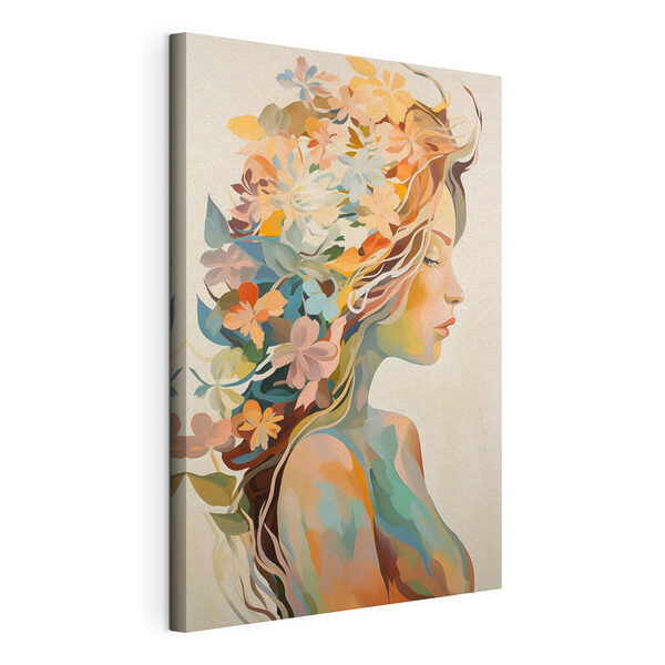 Schilderij van een vrouw met bloemen in haar haar Canvas Schilderijen Schilderij van een vrouw met bloemen in haar haar