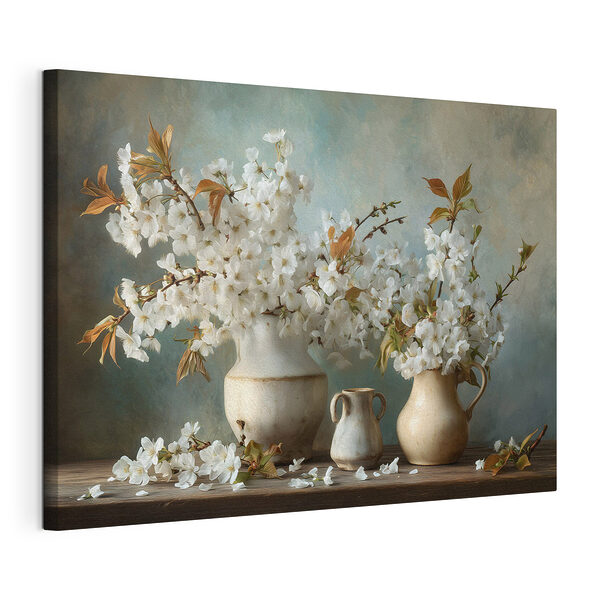 Canvas Schilderijen Een groep witte bloemen in vazen