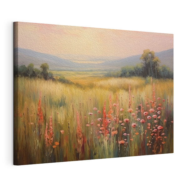 Canvas Schilderijen Een veld vol bloemen en bomen