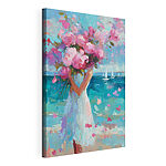 Canvas Schilderijen Schilderij van een vrouw met een boeket bloemen in haar handen