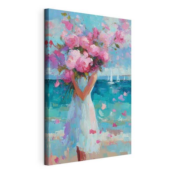 Canvas Schilderijen Schilderij van een vrouw met een boeket bloemen in haar handen
