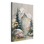 Canvas Schilderijen Schilderij van een berg met bomen en bloemen