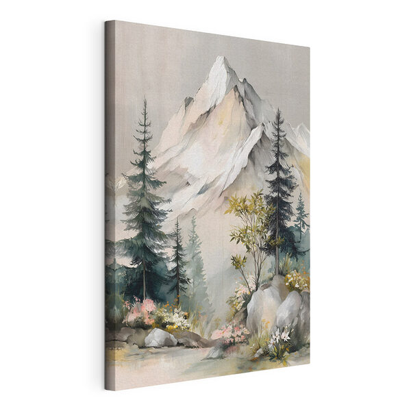 Canvas Schilderijen Schilderij van een berg met bomen en bloemen