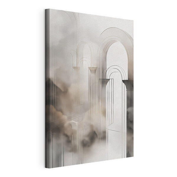 Canvas Schilderijen Tekening van een gebouw met bogen en wolken