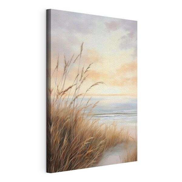 Canvas Schilderijen Schilderij van een strand met hoog gras en water