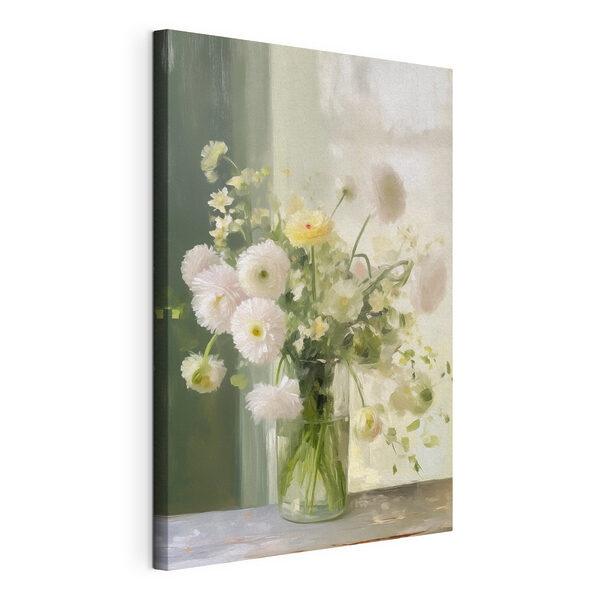 Canvas Schilderijen Boeket met witte en gele bloemen in een glazen vaas