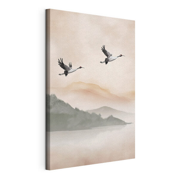 Twee vogels die over een meer vliegen Canvas Schilderijen Twee vogels die over een meer vliegen