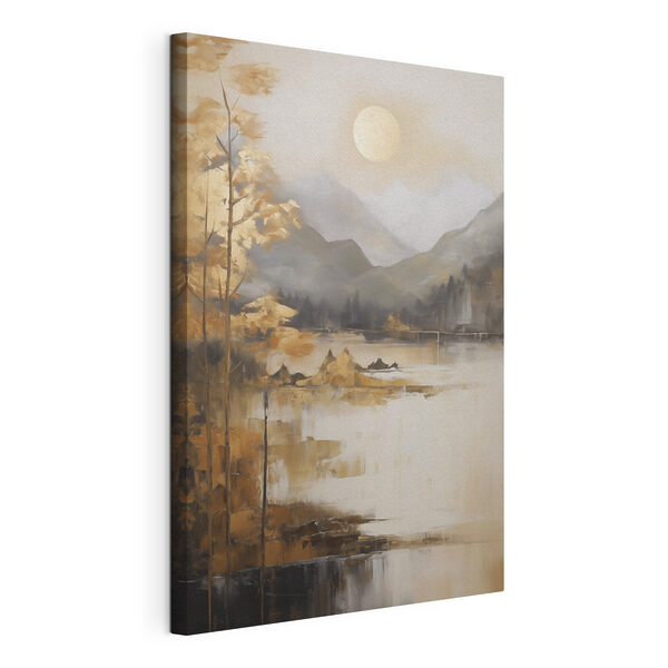 Schilderij van een meer met bergen en bomen Canvas Schilderijen Schilderij van een meer met bergen en bomen