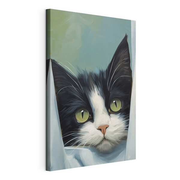Canvas Schilderijen Kat die door een gordijn naar buiten kijkt