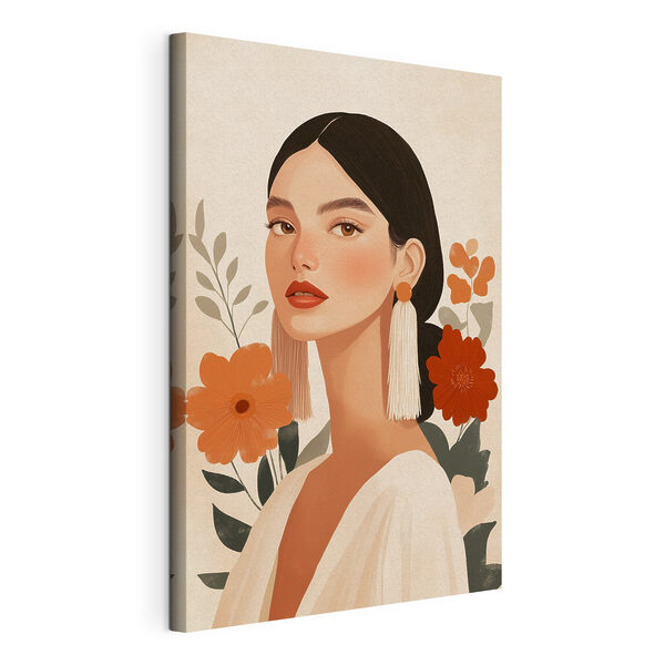 Vrouw met lange oorbellen en bloemen Canvas Schilderijen Vrouw met lange oorbellen en bloemen