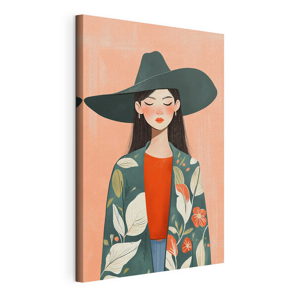 Vrouw met een hoed en een jas Canvas Schilderijen Vrouw met een hoed en een jas