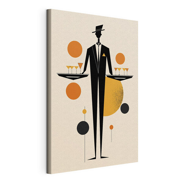 Canvas Schilderijen Een man in een smoking die een dienblad met drankjes vasthoudt